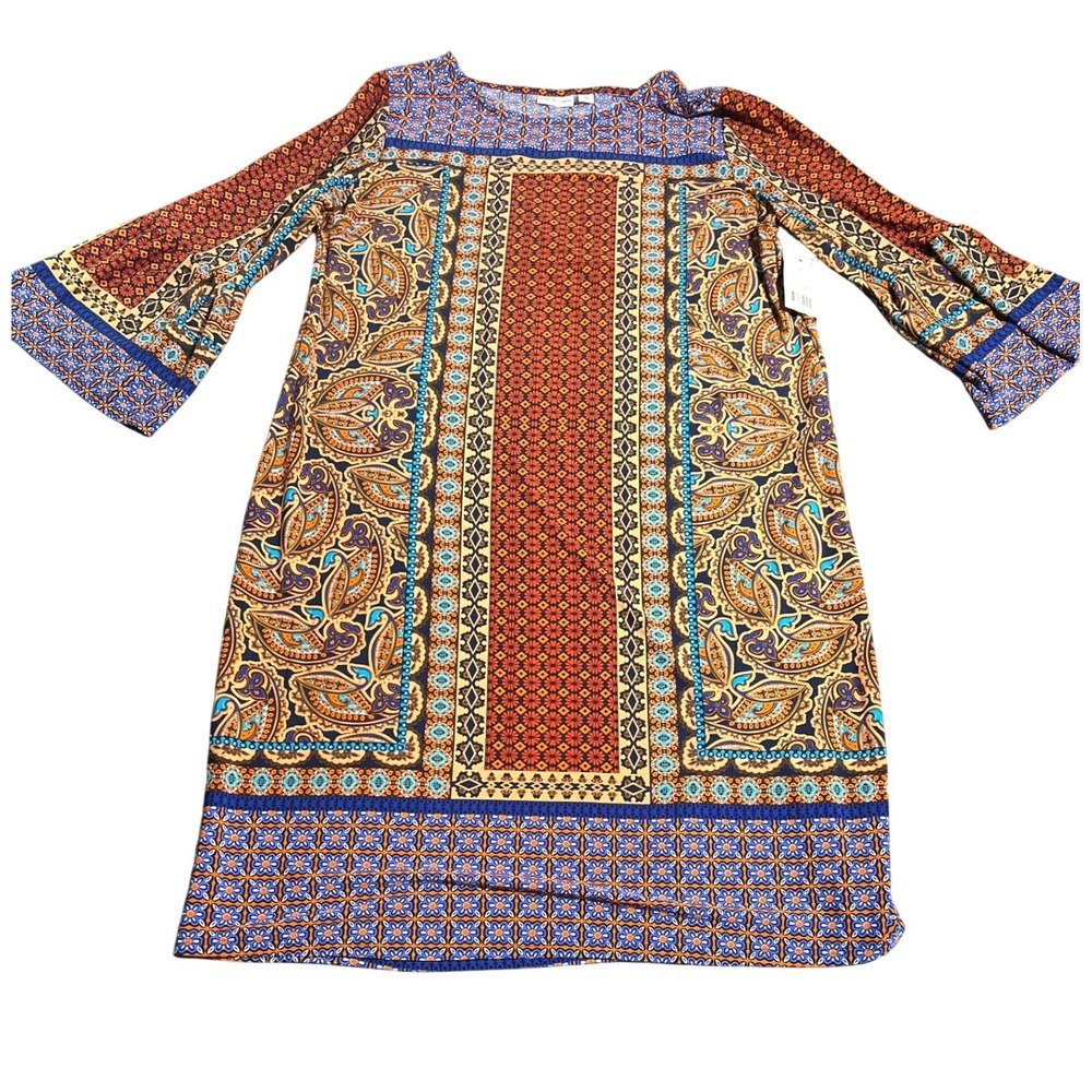 Kim Rogers Womens M Navy Paisley Border Print Shift Dress Bell Sleeve NEW